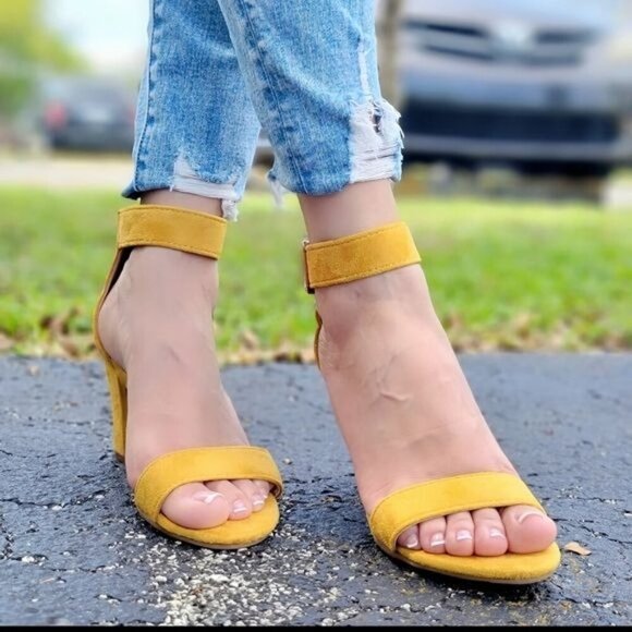 Mustard Yellow Womens Suede Block Heel Sandals with Ankle Strap & Side Buckle